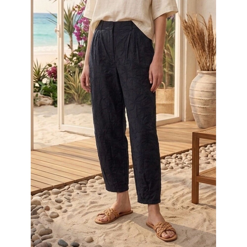 House of Harlow 1960 Black Embroidered Palm Trees Barrel Leg Pants Size S
